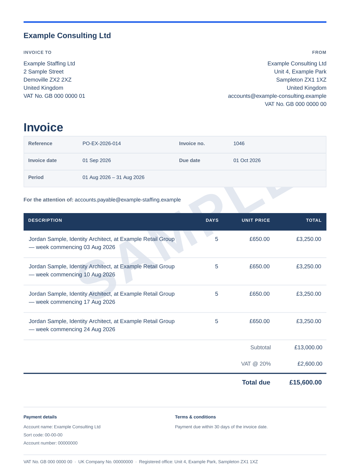 A finished invoice produced by Timesheet, showing its number, dates, line items and total.